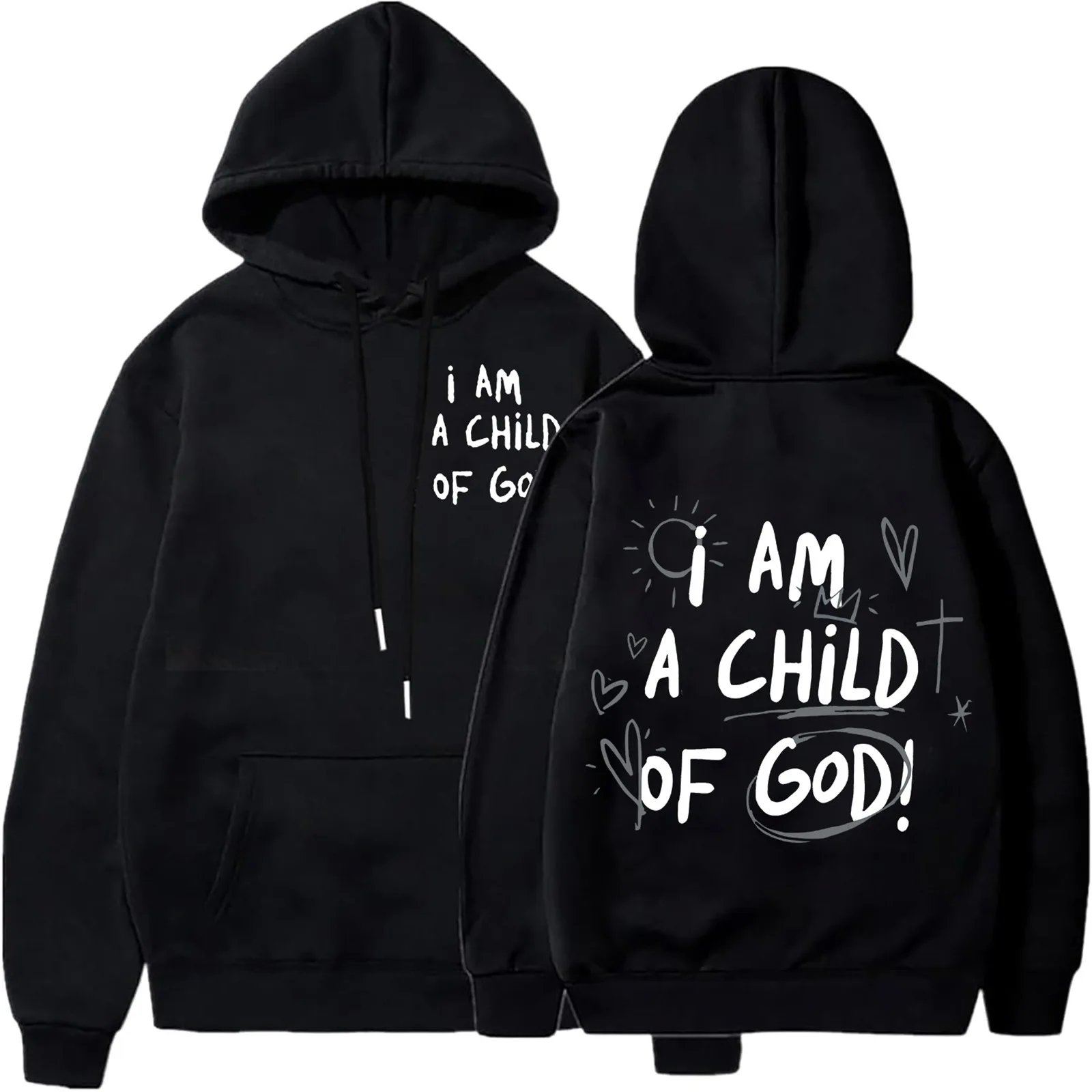 Modna bluza oversize z kapturem dla kobiet i mężczyzn z napisem I AM A CHILD OF GOD i grafiką krzyża i serca, codzienna, miękka, polarowa, wkładana przez głowę, z długim rękawem, luźna.