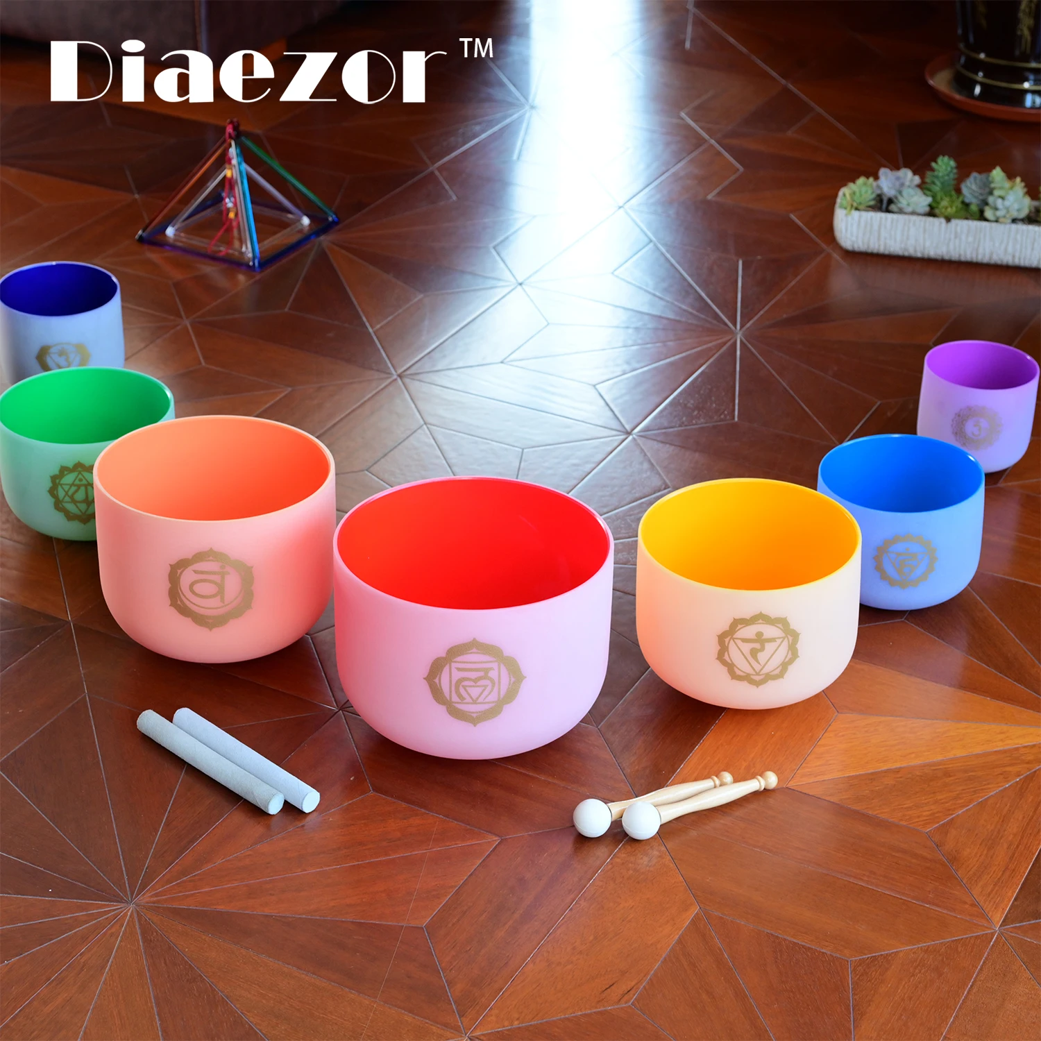 

Diaezor 6-12 Inch Color and Chakra Pattern Frosted Quartz Crystal Singing Bowl 7pcs Set for Sound Healing Meditation with Bags