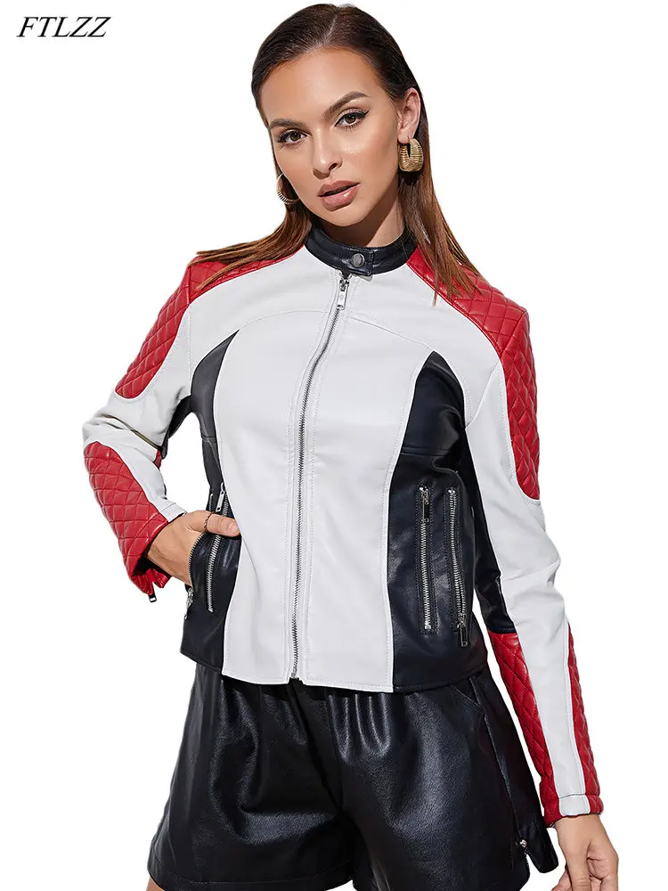 Ftlzz nova primavera outono mulheres o-pescoço pu falso couro curto jaqueta moto biker feminino fino ajuste com zíper casaco retro senhoras outwear