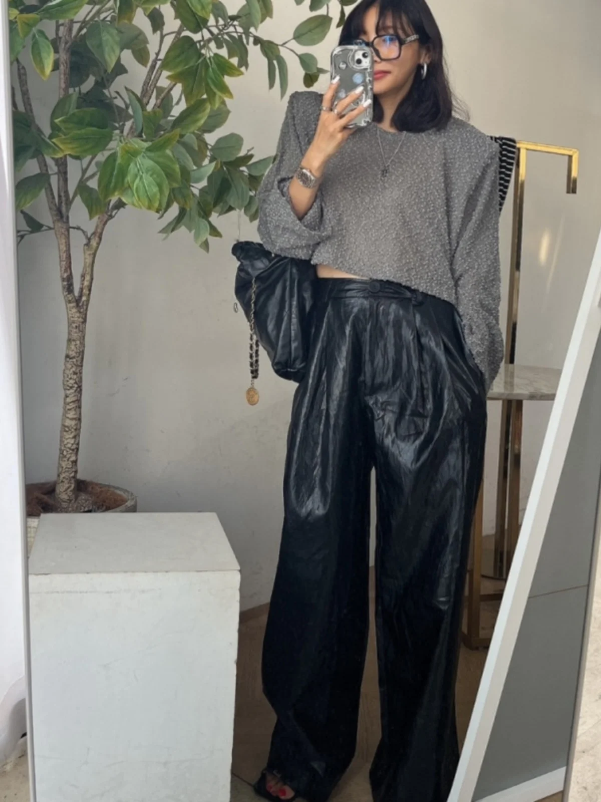 Taille haute en cuir PU pantalons décontractés femmes Vintage bleu plissé ample jambe large coupe droite élégant polyvalent pantalons longs