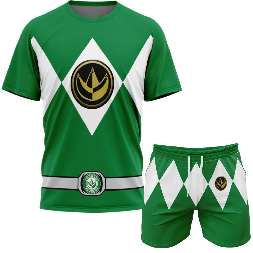 Conjunto Esportivo Unissex Bandai Power Rangers Verão 2026: Camiseta e Shorts Oversized Respiráveis de Secagem Rápida para Fitness e Corrida ﻿