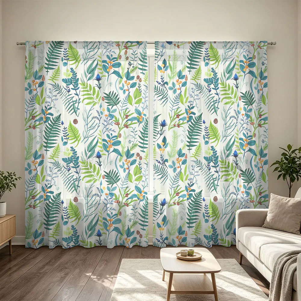 2Pcs Rod Pocket Curtain Light Block Privacy Drape Living Bedroom Green Foliage Berry Plant Print Window Curtain For Home Deco