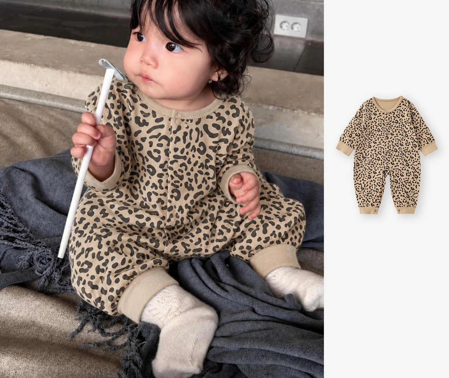 Autumn Newborn Leopard Print Jumpsuit Made of Pure Cotton Class A Boneless Baby Clothes Round Neck Crawling Suit
