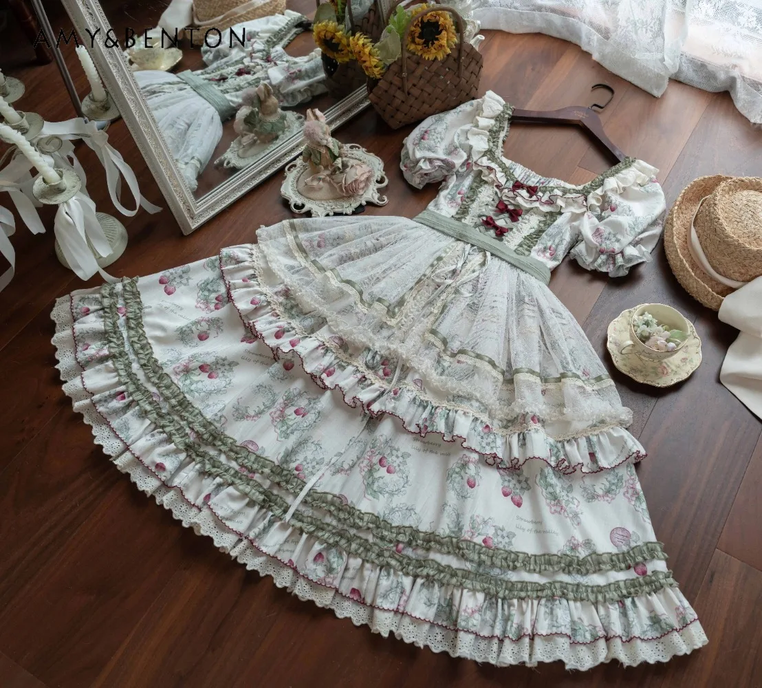 Robe de tempérament élégante Lolita pastorale, rétro, imprimé de dessin animé, manches à bulles, haut court, taille élastique, jupe gracieuse, robes OP