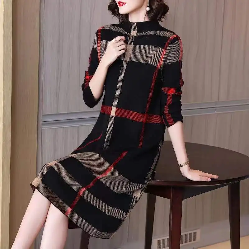 Autunno inverno nuovo Vintage Plaid abiti da donna manica lunga o-collo allentato tutto-fiammifero vestito lavorato a maglia elegante moda donna