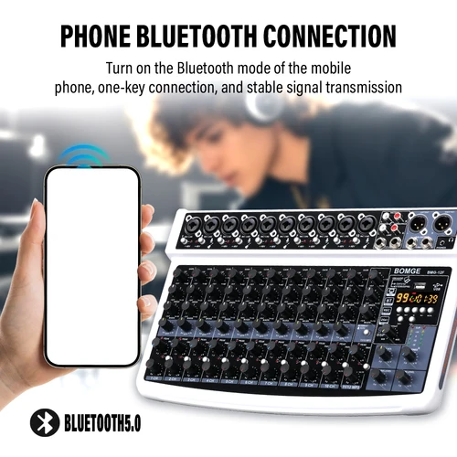 Imagen 2 del producto BOMGE Mezclador de audio profesional de 12 canales, RCA, conector de micrófono XLR, alimentación de 48 V, 99 DSP para profesionales y principiantes