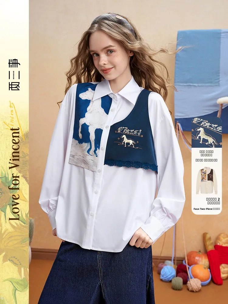 

Two Tee Things Van Gogh Art Hunting Ban Autumn New Print Cloth Patchwork Fake Two-Piece Long Sve irt Casual Loose Fit