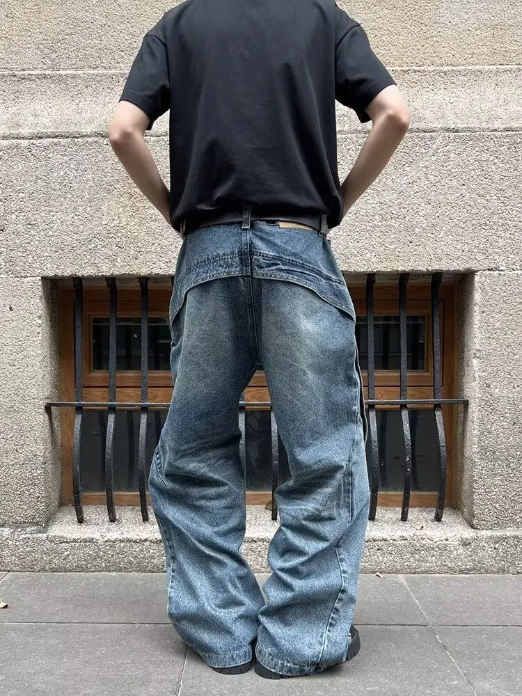 2025 Ropa Y2K ملابس الشارع الشهير غسلها الأزرق المرقعة فضفاض الجينز السراويل للرجال الملابس خمر واسعة الساق سراويل جينز Pantalon أوم #2