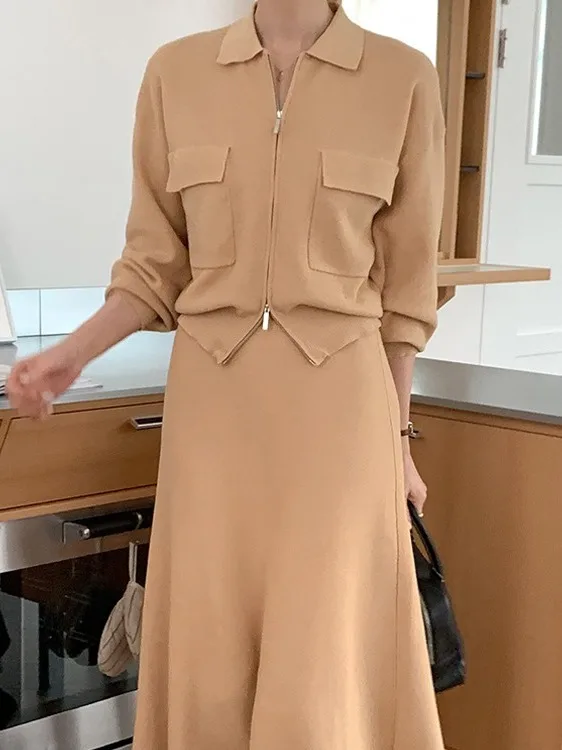 한국 슬레 여성 패션 니트 스웨터와 하이웨이스트 스커트 투피스 세트 시크한 가을 의류