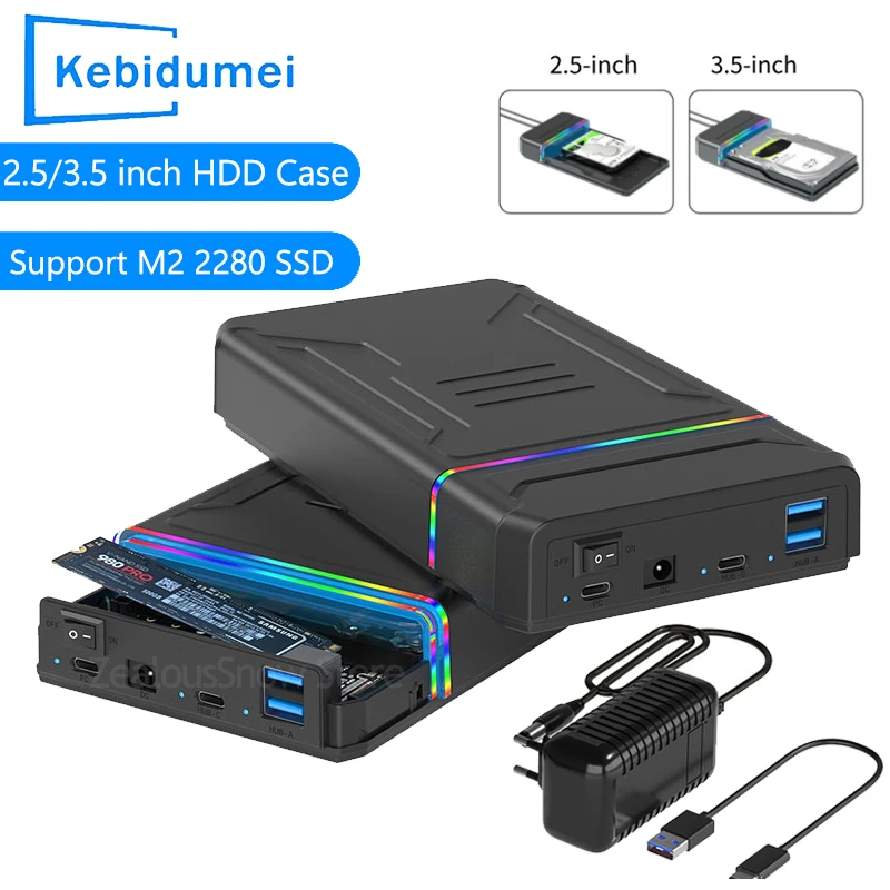 Dual-Bay 2.5 3.5 inch SATA HDD Enclosure M.2 2280 NVMe SSD Case 5/10Gbps PCIe HDD/SSD External Storage Adapter for USB C Case PC