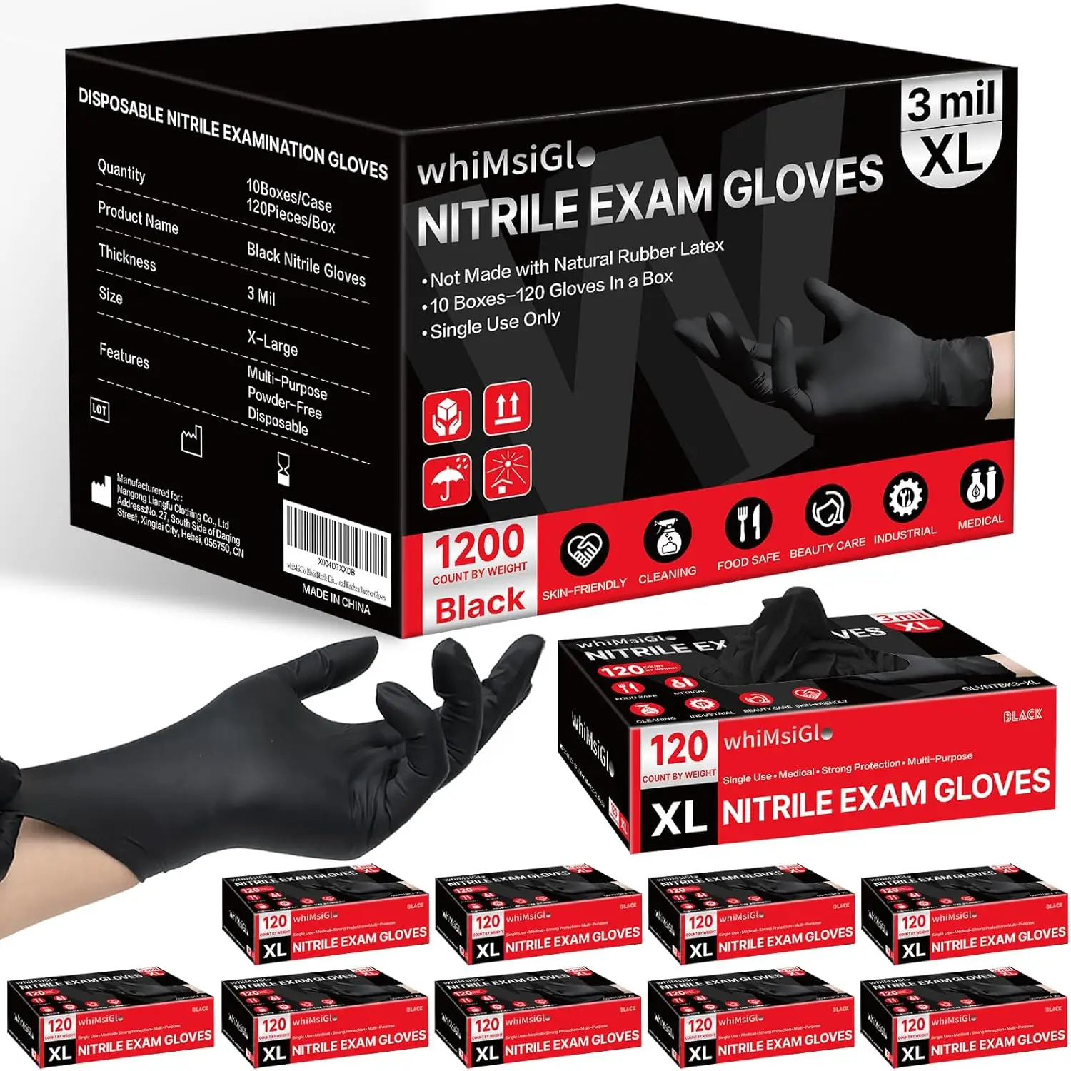 

Black Nitrile Disposable Gloves, Latex-Free Powder-Free, 3Mil 1200 Pcs, Medical Exam Food Grade for Cooking