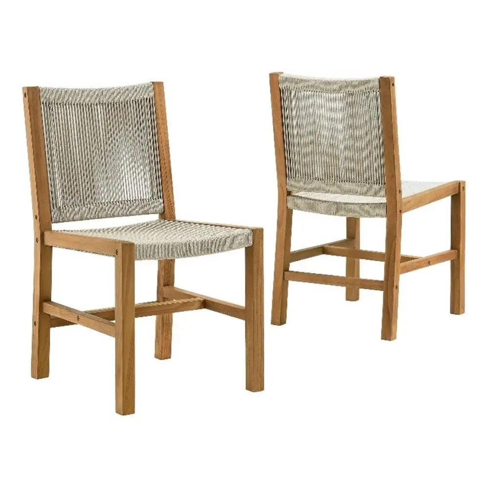 Vienna Outdoor Patio Teak and Rope Armless Dining Chair Set of 2 in Natural Natural, Woven Rope Side Chairs, Teak, Customized