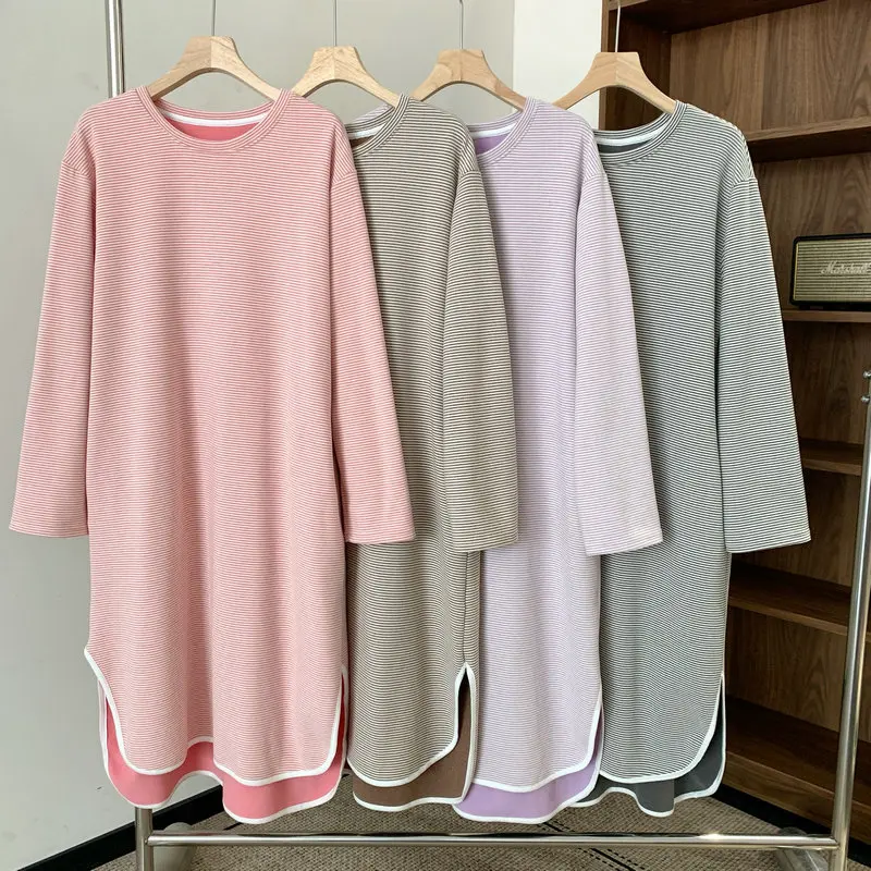 

Полосатые ночные рубашки, женская одежда для сна, осенние пижамы с длинными рукавами, платье, одежда для сна, женская ночная рубашка, свободная ночная рубашка