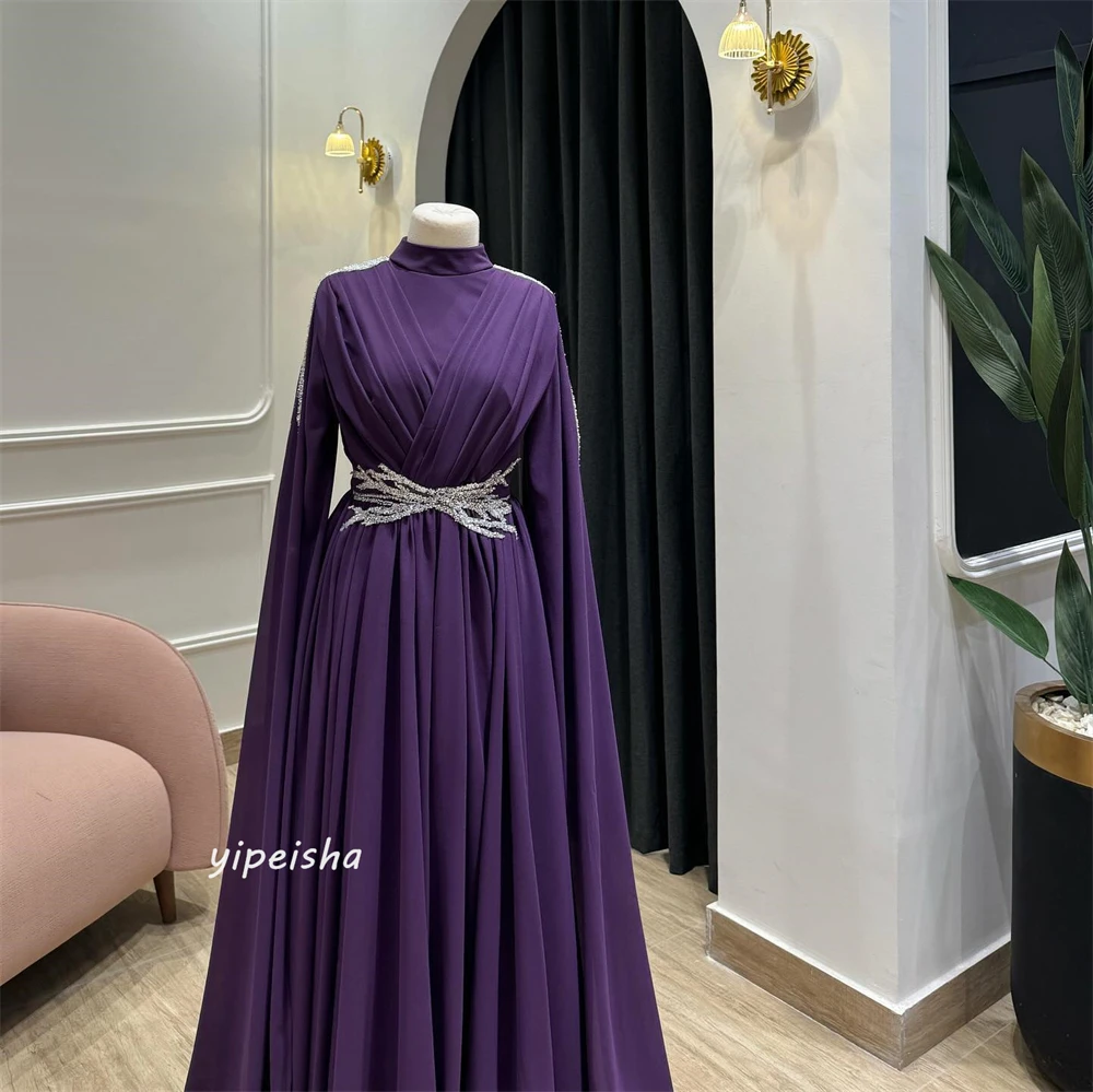 Jiayigong gaun acara Beading Satin garis A panjang selantai kerah tinggi malam Formal gaya Modern