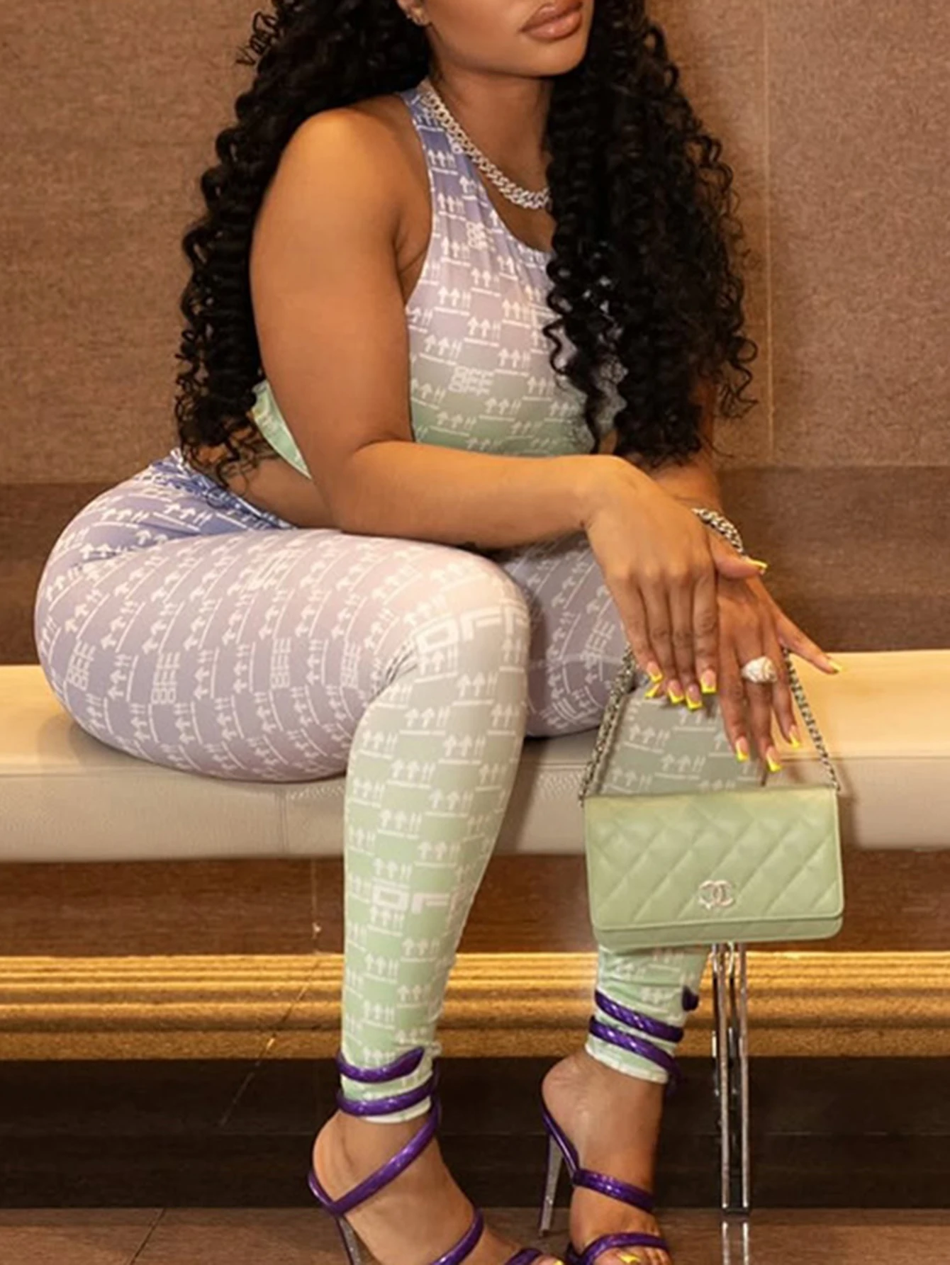 Women's Fashion Autumn Sets Sleeveless round Neck Tanks And Ankle High Waist Pencil Pants Full Print Jogging Outfit