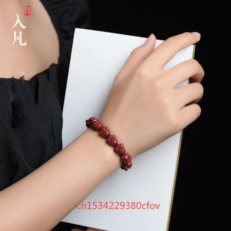 Red Real Cinnabar Maitreya Buddha Bracelet Vintage Designer Beads Bangle Gifts for Women Men Amulet Natural Jewelry Charm Carved