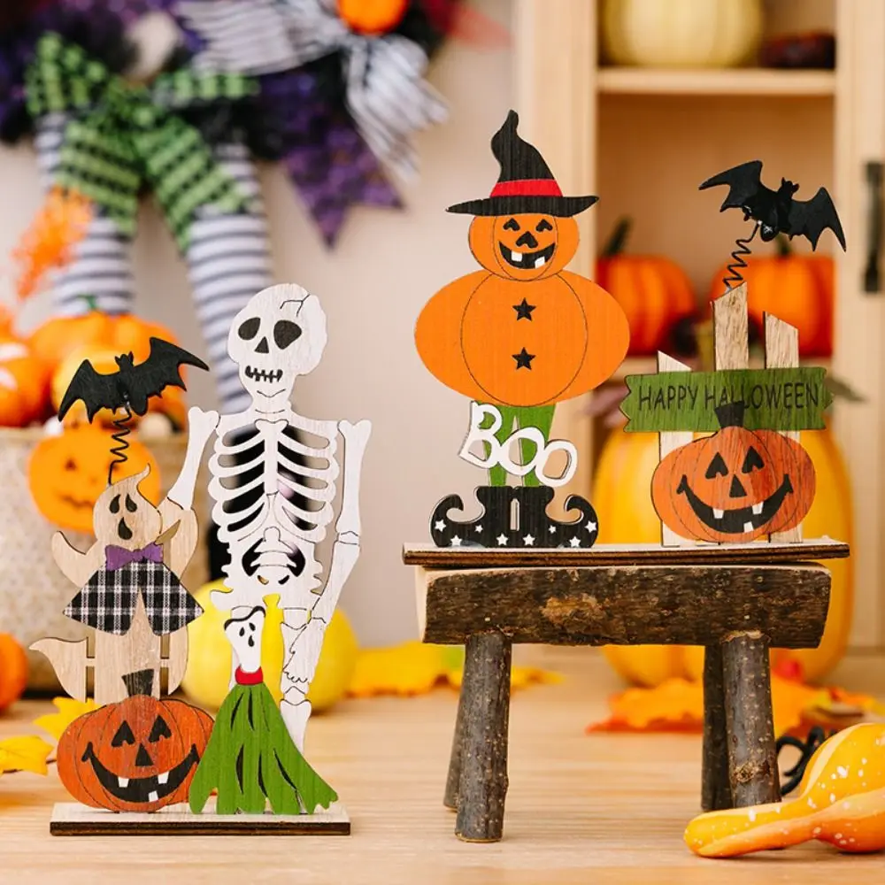 Wooden Halloween Wooden Ornaments Trick or Treat Thickened Skeleton Desktop Ornaments Durable Halloween Pumpkin Prop Birthday