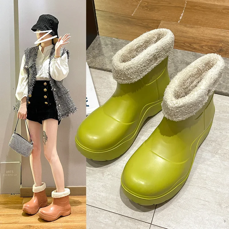 

Women Rain Boots 2024 Non-slip Rubber Outsole Increased Height Warm fur Ankle Boot Removable Cotton Jacket Slip on Short Bootee