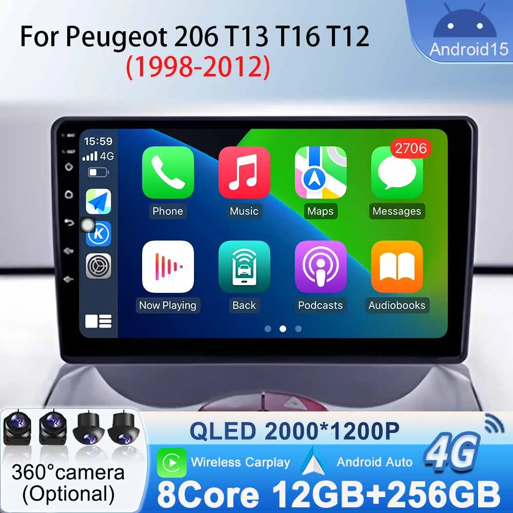 

Car Radio for Peugeot 206 T13 T16 T12 1998-2012 Carplay Android Auto GPS Navigation Bluetooth Multimedia Video Player Android 15