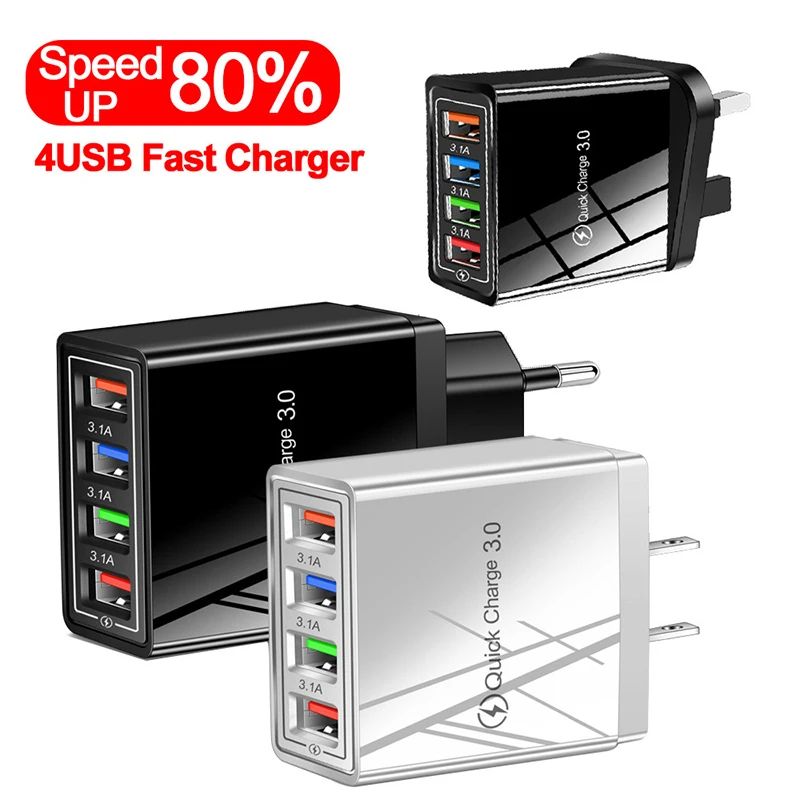 Adattatore per caricabatterie rapido da parete Quick Charge 3.0 a 4 porte Cavo per caricabatterie per sincronizzazione rapida UE USA per telefono cellulare Samsung ForXiaomi Huawei