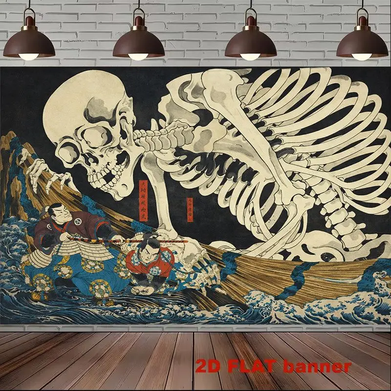 VIKAMA Ukiyo-e Giant Skeleton Tapestry Japanese Samurai Wave Wall Hanging Vintage Dark Aesthetic Bedroom Home Decor
