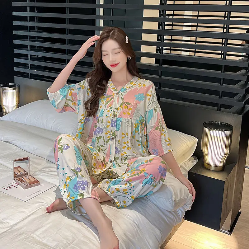 Spring Summer Cotton Silk Pajamas Two-piece Set Loose Cardigan Large Size Female Summer Dress Home Wear Pregnant Chinese Style