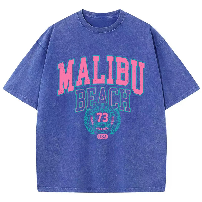 Street Women Cotton Washed T-Shirt Malibu Beach Simple Letter Printing Print Tee Shirt Fashion Loose Tops Casual Female Clothes