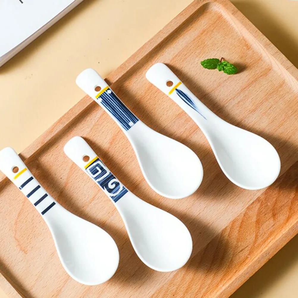 

4Pcs Japanese Style Ceramic Soup Spoons Safe Use Non-Slip Handle Home Hotel Kitchen Rice Soup Serving Tableware