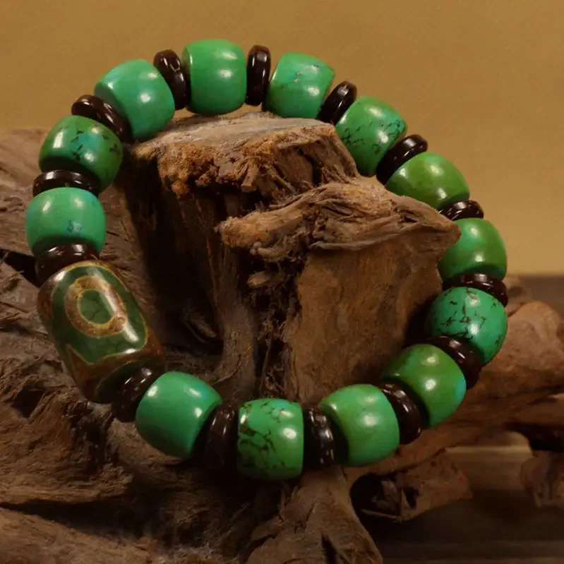 

UMQ Natural raw ore turquoise bracelets with three-eyed dzi beads for men and women play antique bracelet jewelry gifts.