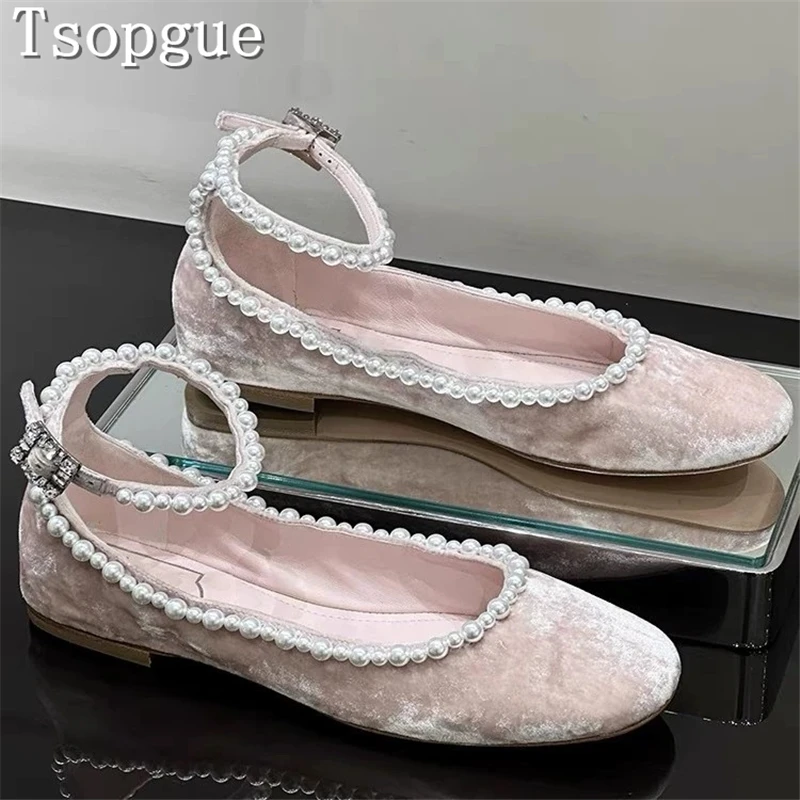 

Fairy Style Pearl Velvet Mary Jane Shoes Luxury Design Elegant Women Diamond Buckle Ankle Strap Flats Single Shoes