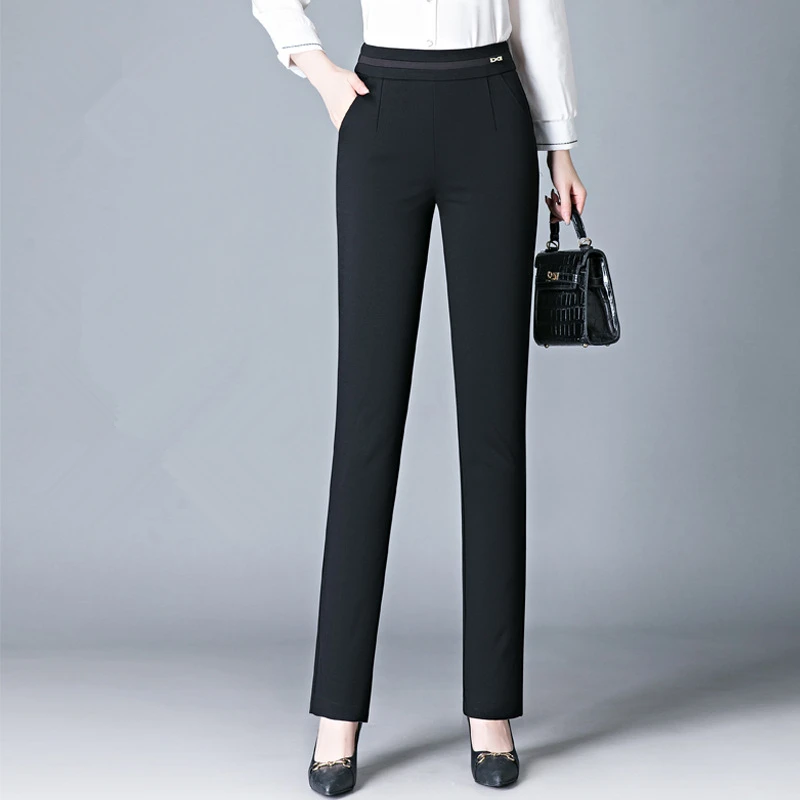 2024 Spring New Casual Women\'s Pants, High-waisted Elastic Straight Trousers, Outside The Female Suit Pant Black, Khaki, Blue