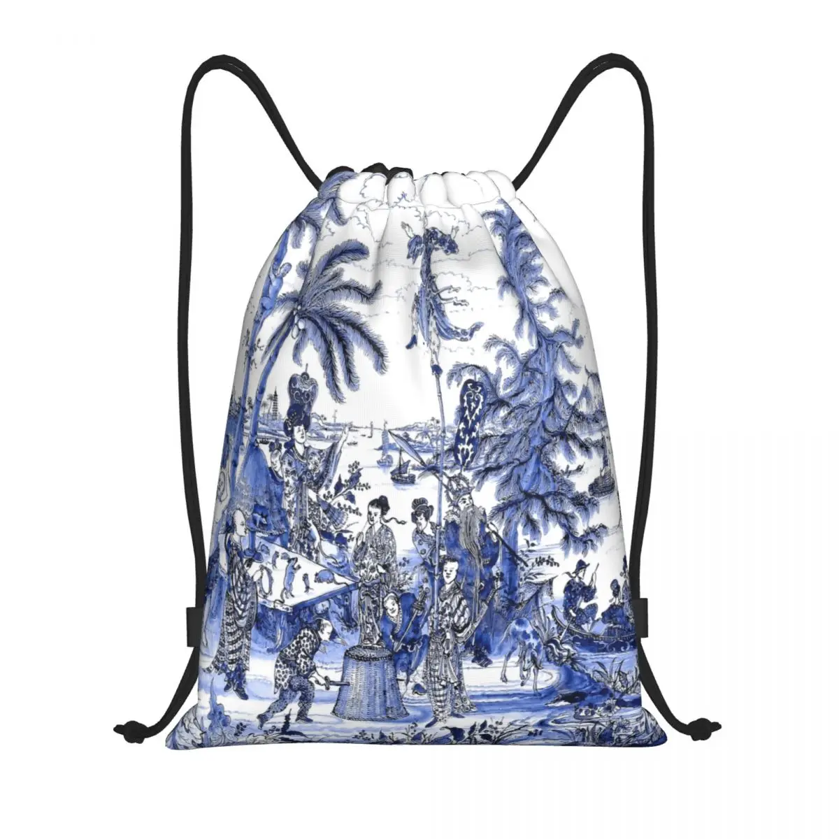 

Custom Chinoiserie Blue Landscape Drawstring Bag Women Men Lightweight Blue Delft Chinese Willow Sports Gym Storage Backpack