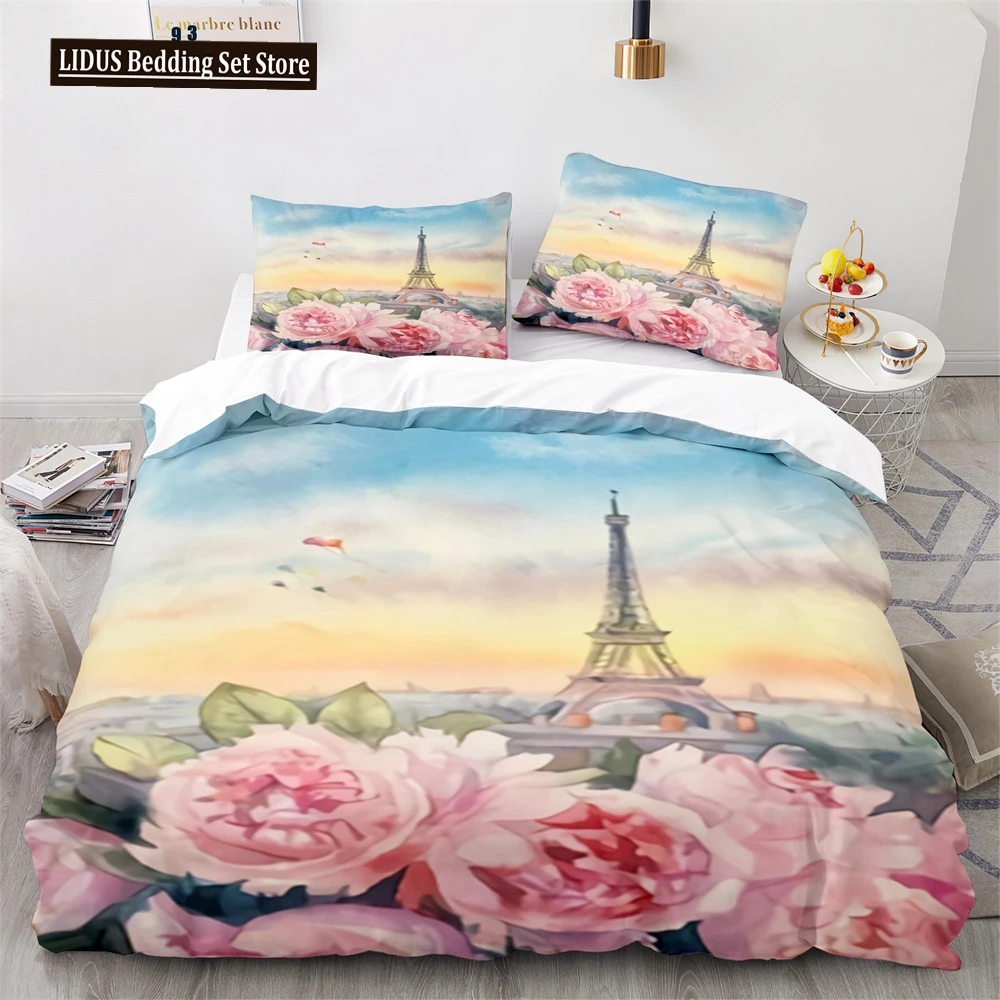 

Paris Eiffel Tower Themed Couple Duvet Cover Set Cityscape Comforter Cover Romantic Polyester Bedspread Cover Pink Floral King