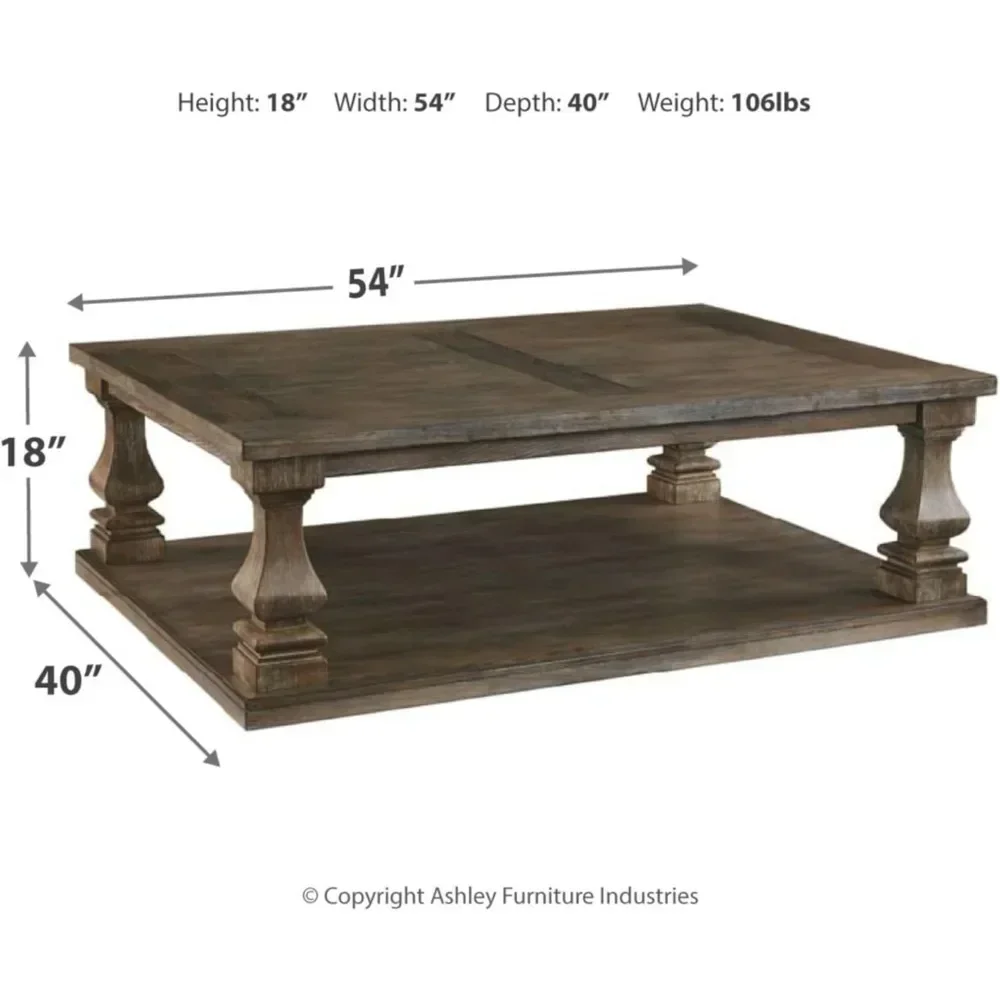 Coffee Table, Weathered Gray Finish, Gray Rectangular Cocktail Table with Wide Proportions and Cast Polyurethane Components