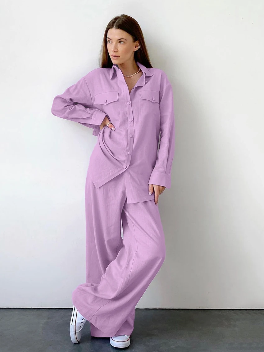 

Marthaqiqi Casual Female Sleepwear Suit Turn-Down Collar Nightgowns Long Sleeve Nightwear Wide Leg Pants Loose Women Pajama Set