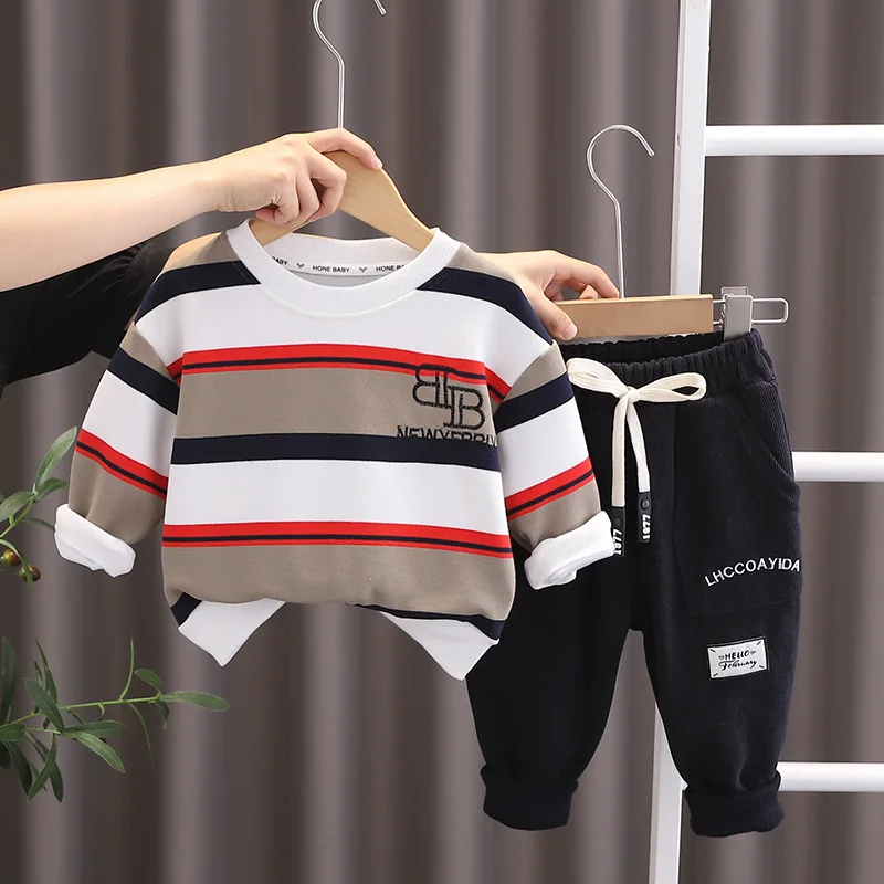 Toddler Christmas Outfit 2023 Korean Casual Striped Long Sleeve T-shirts and Pants 2PCS Baby Boy Clothes 12 to 18 Months Sets