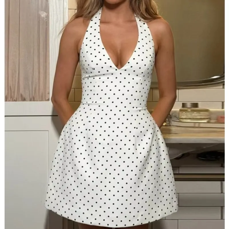 Polka Dot Sexy Short Dress Women Fashion Halter Deep V Neck Sleeveless Backless High Waist A-line Club Party Dresses