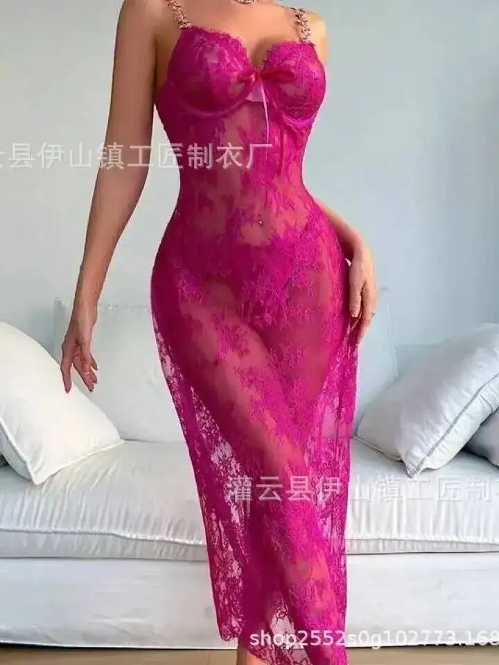 Nuevo vestido largo sin mangas con tirantes en V profundo y espalda descubierta bordado de flores de malla de encaje Sexy para mujer estilo Casual fino puro deseo GUT0