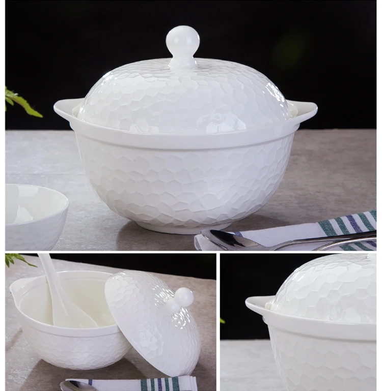 9 Inch, Plain White Bone China Tureen with Lid, Cute 3D Water Design, Buffet Dinner Serving Bowl, Soup Containers