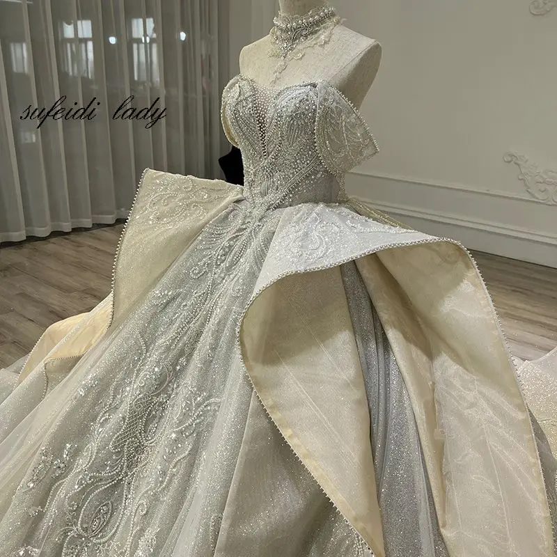 Strapless Wedding Dresses 2022 Full Sparkly Beading Backless Court Train Appliques Detachable Train Princess Bridal Gown