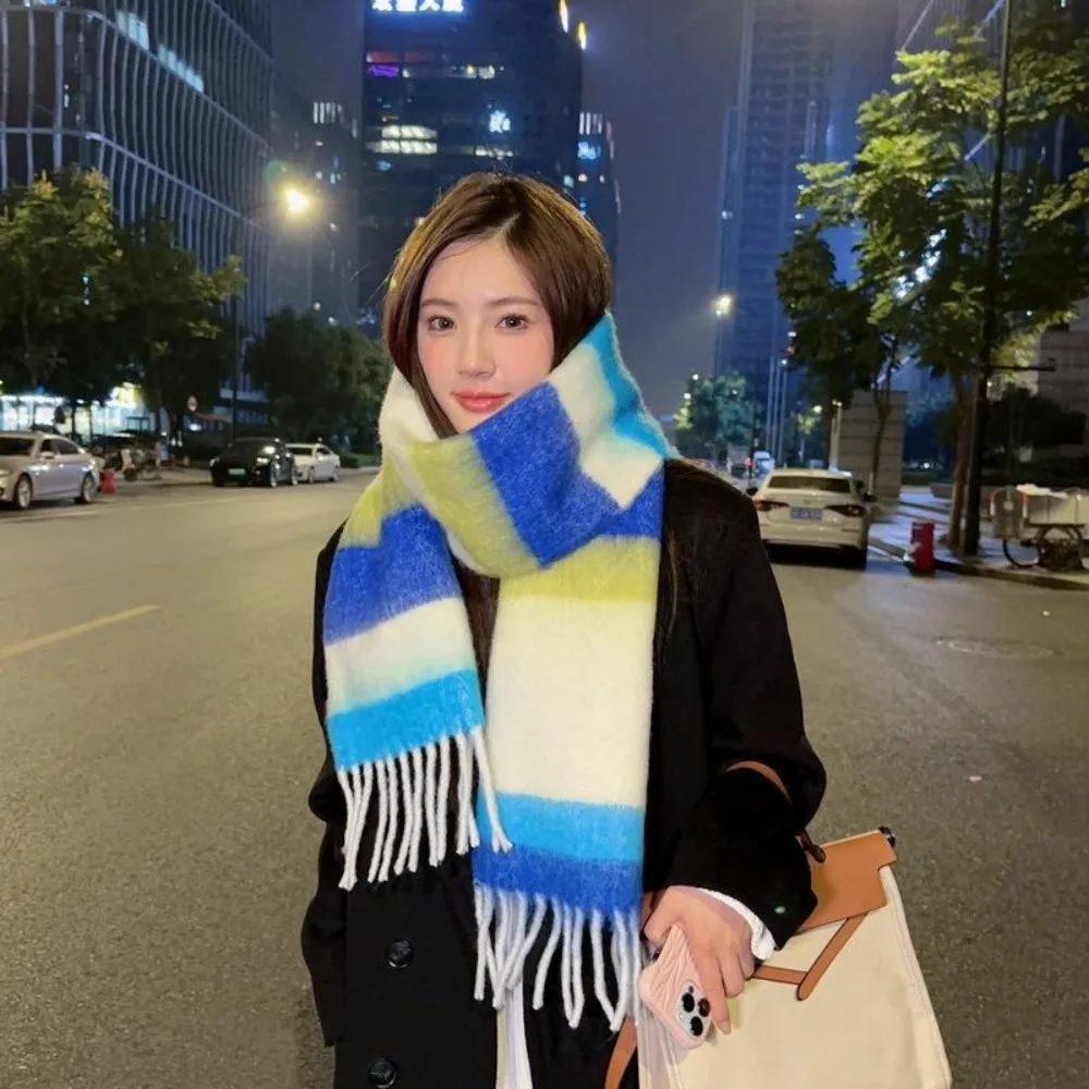 Fashion Colorful Stripe Mohair Shawl Korean Style Coldproof Long Tassel Scarf Thicken Neckerchief Winter Wool Scarves Men