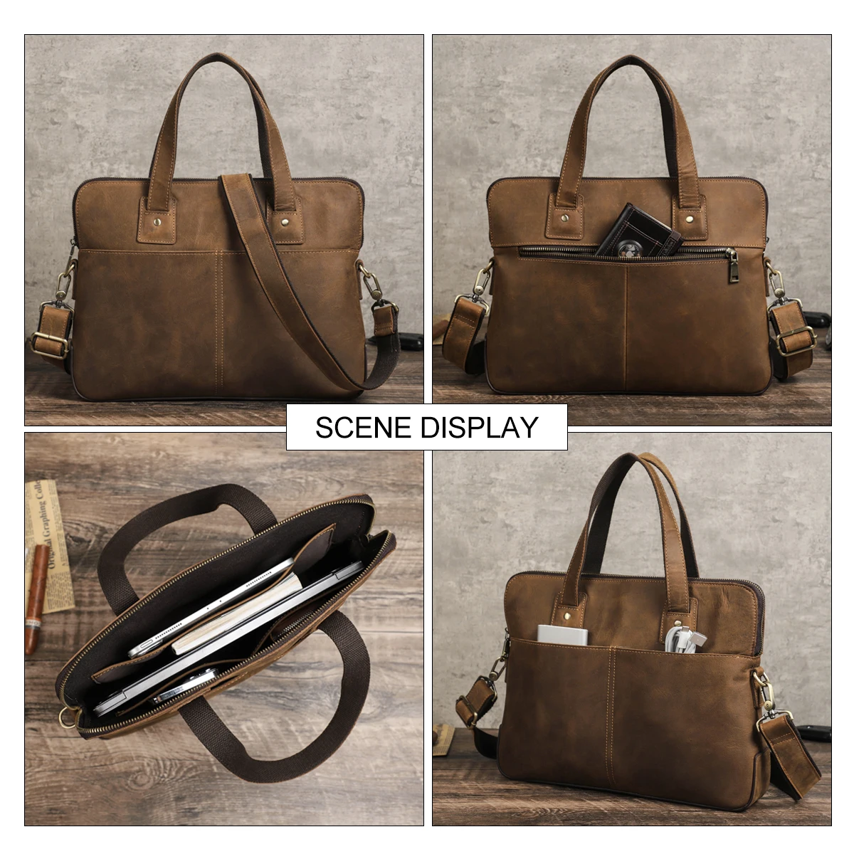 Retro Handmade Crazy Horse Leather Laptop Bags With Shoulder Strap Men Vintage men's Briefcase Business Travel Tote Bag Handbag