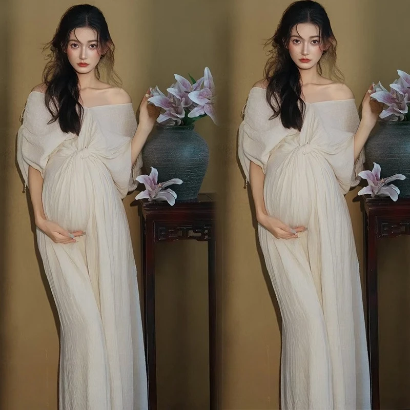 Women Maternity Photoshoot French White Elegant V-neck Off-shoulder Dress for Pregnancy Studio Photoshoot Clothing Fotografia