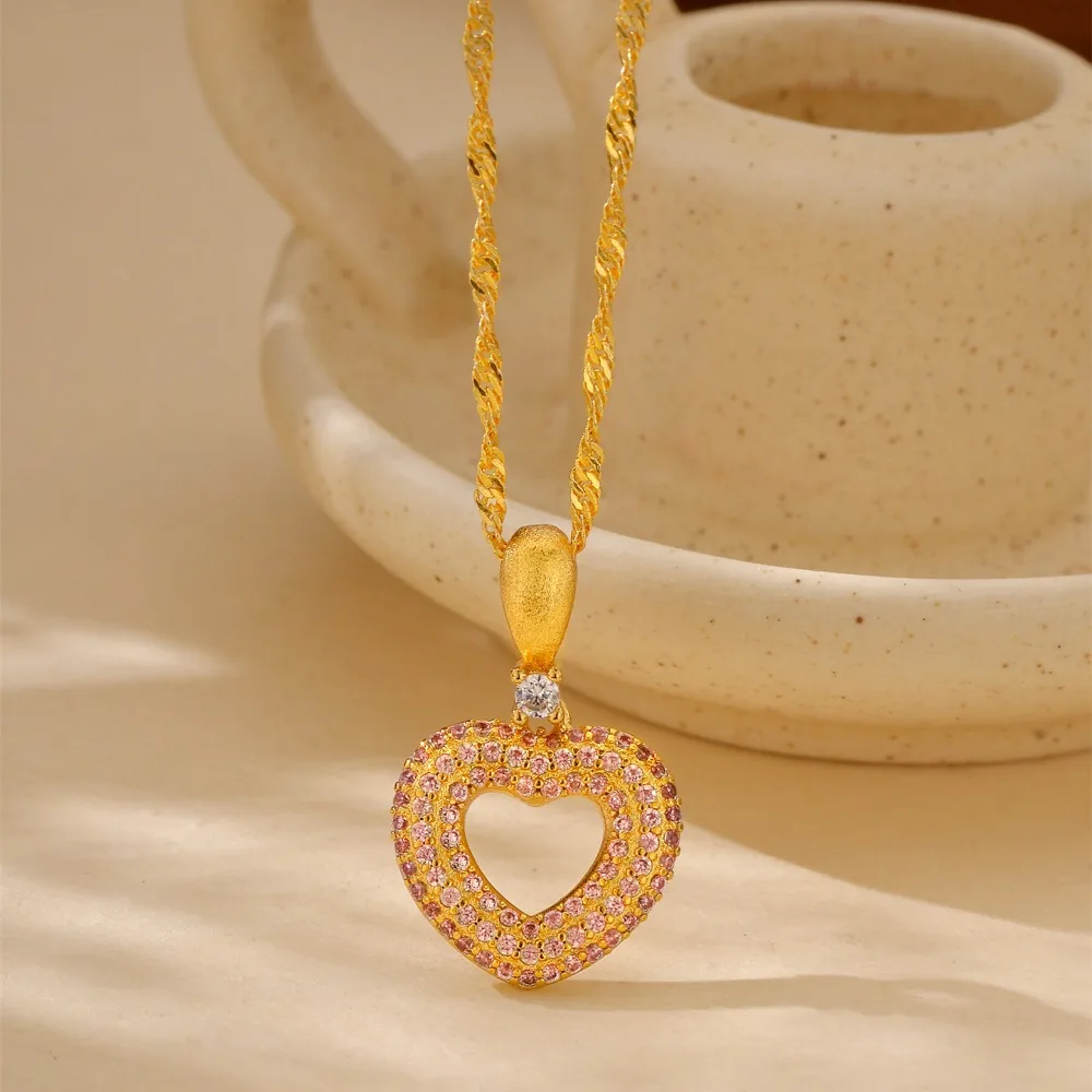 Draw silk love necklace creative fashion is full of diamond hollow heart pendant 9999gold
