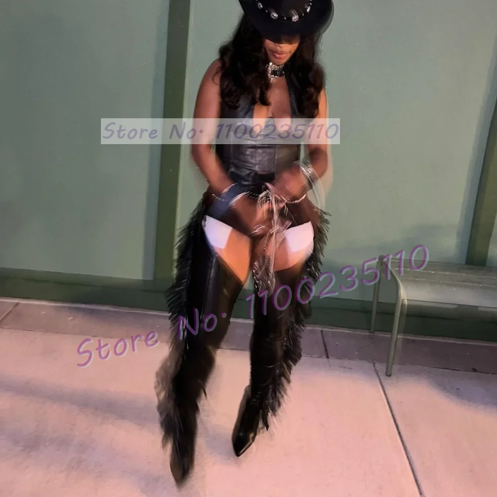 Belted Stiletto Fringe Stretch Crotch Boots Women Pointy Toe High Heels Sexy Shoes Ladies Western Style Party Thigh High Boots