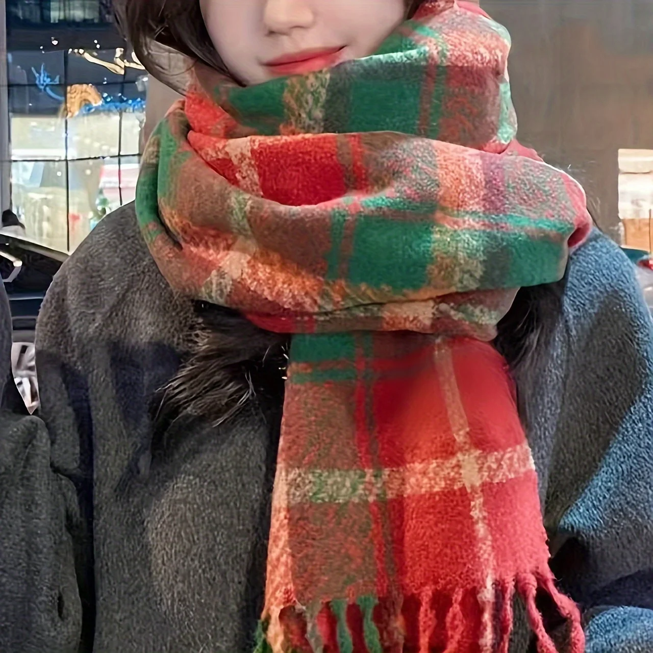 Plaid Scarf for Women, High-End Feel, New Autumn/Winter Style, Versatile Faux Scarf, Christmas Edition, New Year Edition, Festive Atmosphere, Thickened and Extended for Warmth