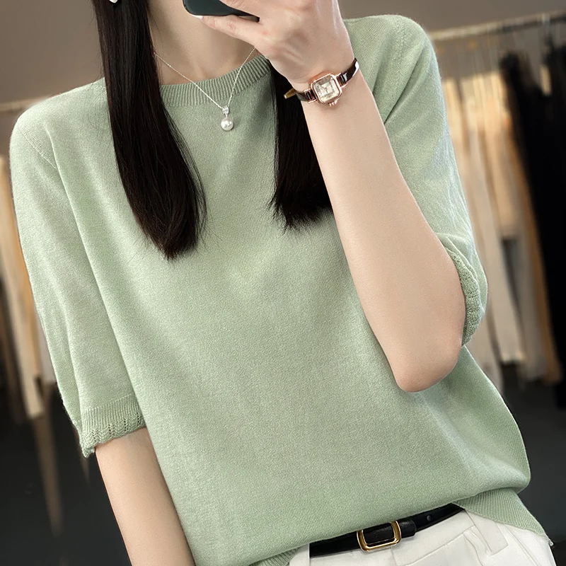 2023Worsted first-line ready-to-wear short sleeves seamless elegant simple pullover women's fashion loose vest summer thin coat