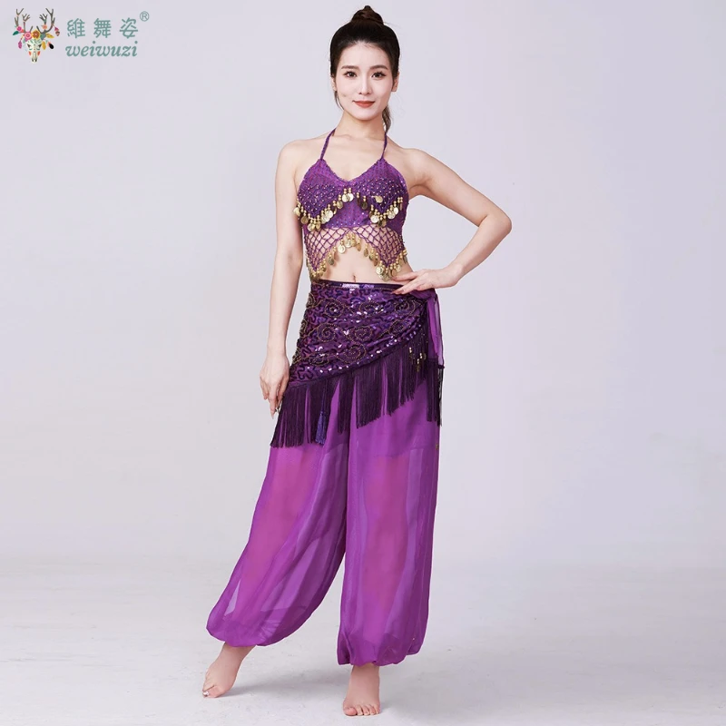 ผู้ใหญ่เงา Belly Dance ชุดผู้หญิงเลื่อม Top + กางเกง + เข็มขัดชุด Lady Oriental อินเดียเต้นรําเจ้าหญิงอาหรับเสื้อผ้าชุด