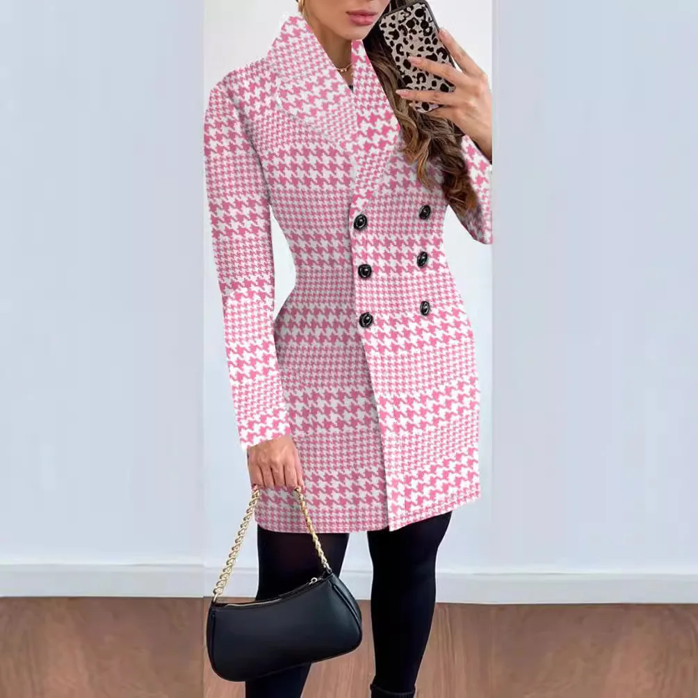 Autumn Winter Fashion Plaid Woolen Jacket Dress Women Causal Office Ladies V-neck Double Breasted Slim Coat Dress Women