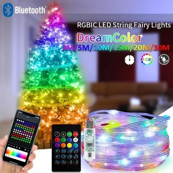 Dreamcolor rgbic tira conduzida à prova dwaterproof água bluetooth inteligente luz de fadas captador música sonho cor luz controle app diy festa natal